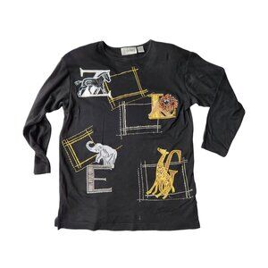 Cedars Vintage Safari Beaded Embroidered Black Cotton Top Small Y2K Retro